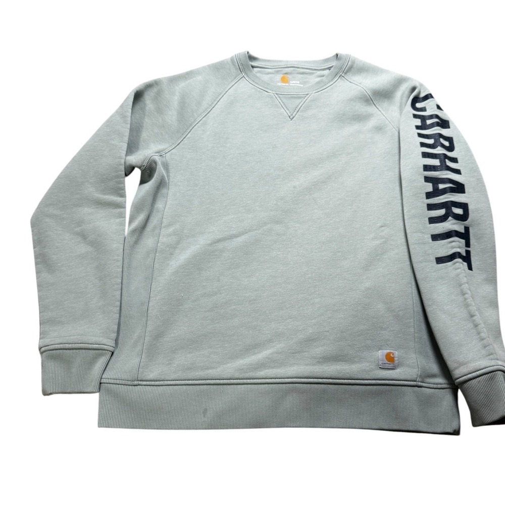 Carhartt Sweatshirt Women's L 12/14 Sage Green Excellent Logo Sleeve Crewneck